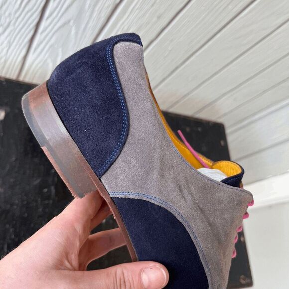 Undandy Navy Gray Suede Derby Shoes Sz 45/11.5 Pink Laces Yellow Lining - Picture 10 of 14